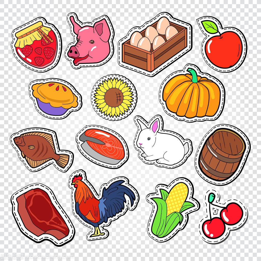 农业与生物食品的涂鸦艺术 天然产品贴纸、修补程序与徽章的矢量图世界